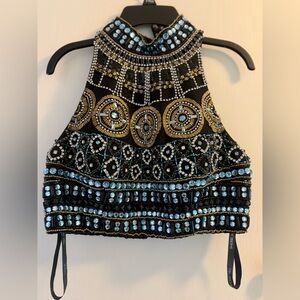 Black and Gold Embellished Crop Top with Blue Accents